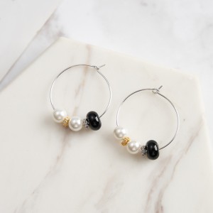Wholesale 925 Sterling Silver Black Agate Shell Pearl Hoop Earrings 40500138 Wholesale 925 Sterling Silver Black Agate Shell Pearl Hoop Earrings 40500138