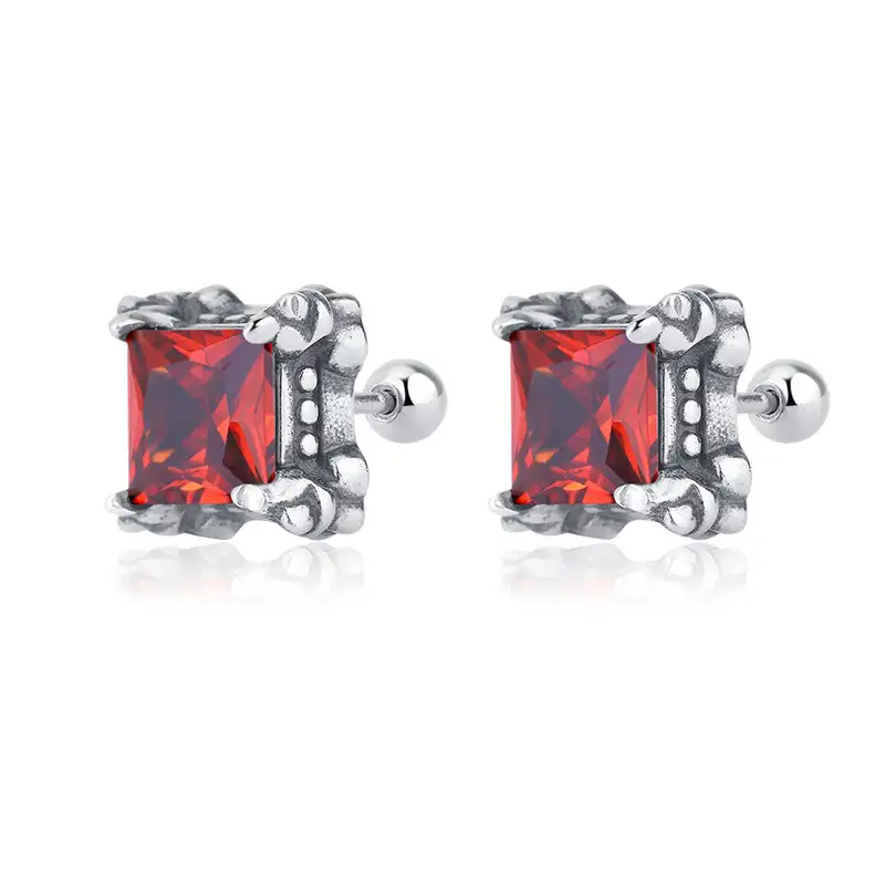 Vintage Red Square Zirconia Screw Back Earrings 40600003