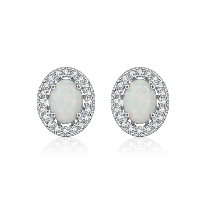 925 Sterling Silver Vintage Oval Created Opal Halo Stud Earrings 40700046