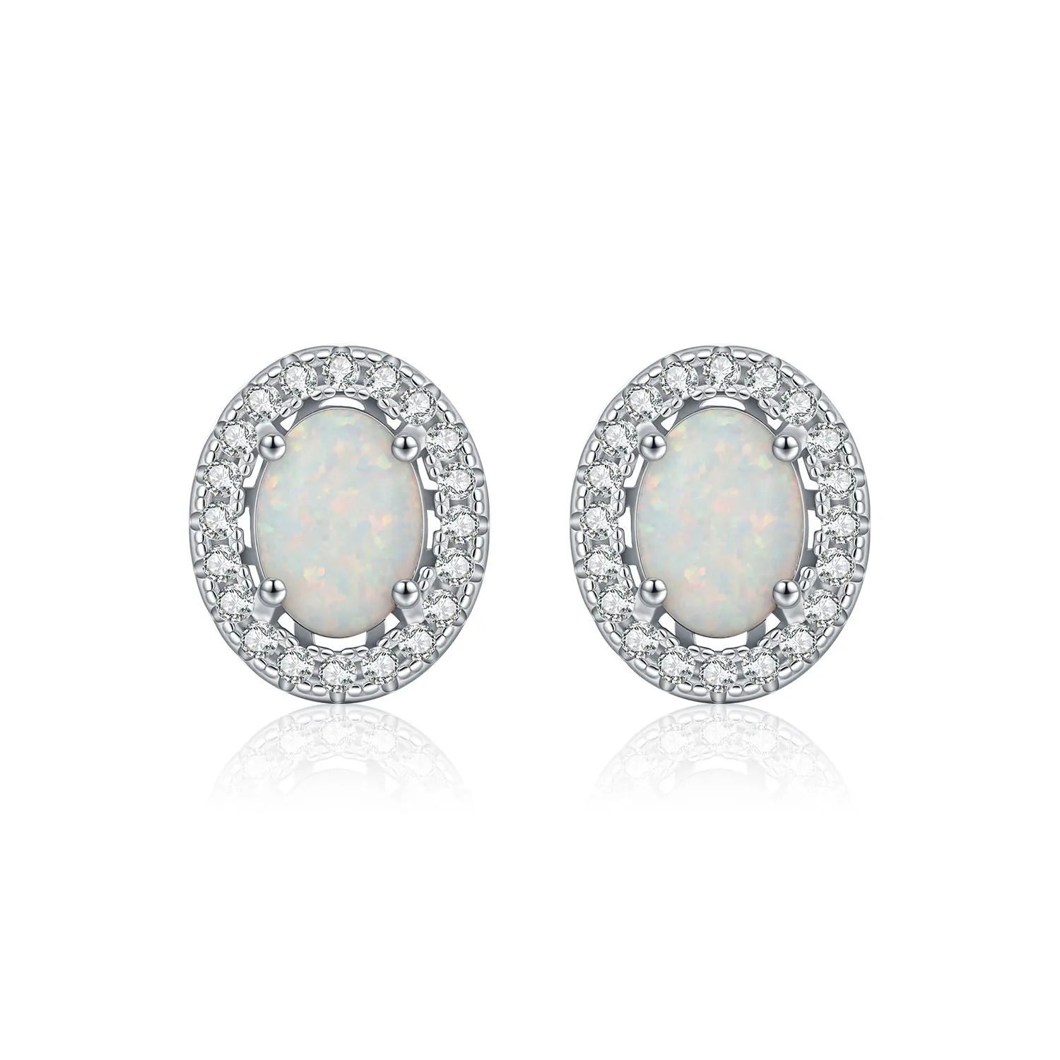 925 Sterling Silver Vintage Oval Created Opal Halo Stud Earrings 40700046