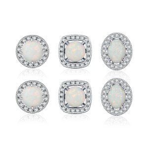 925 Sterling Silver Round Lab Opal Halo Stud Earrings 40700048