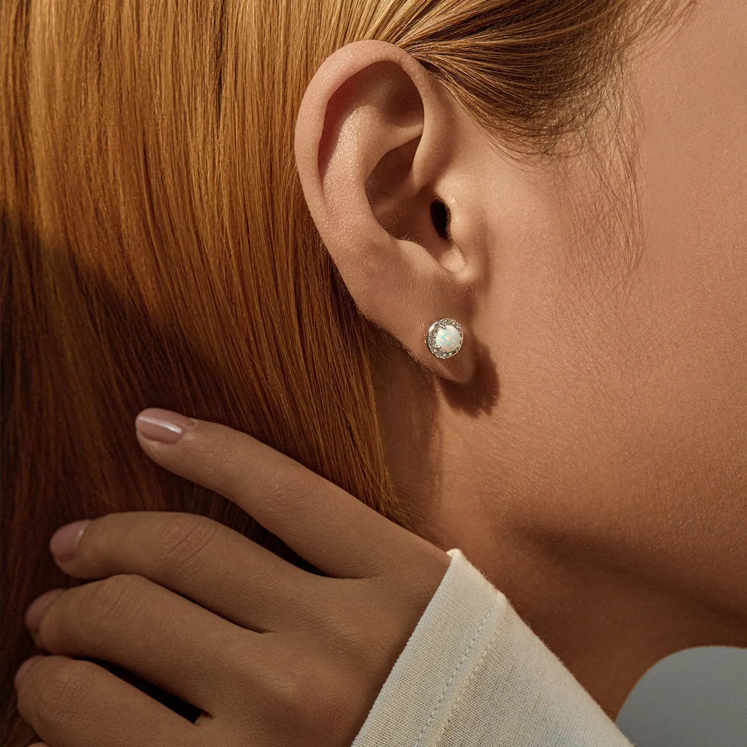 925 Sterling Silver Round Lab Opal Halo Stud Earrings 40700048 - image1