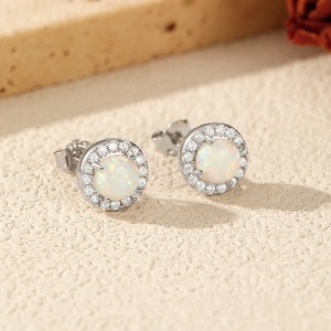 925 Sterling Silver Round Lab Opal Halo Stud Earrings 40700048