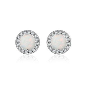 925 Sterling Silver Round Lab Opal Halo Stud Earrings 40700048