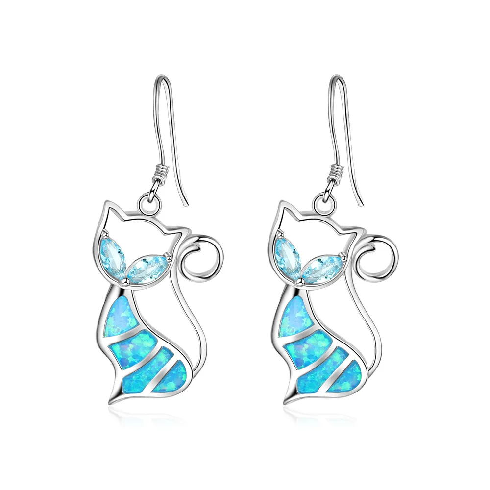 Cute Zirconia Opal Cat Dangle Earring 50100026