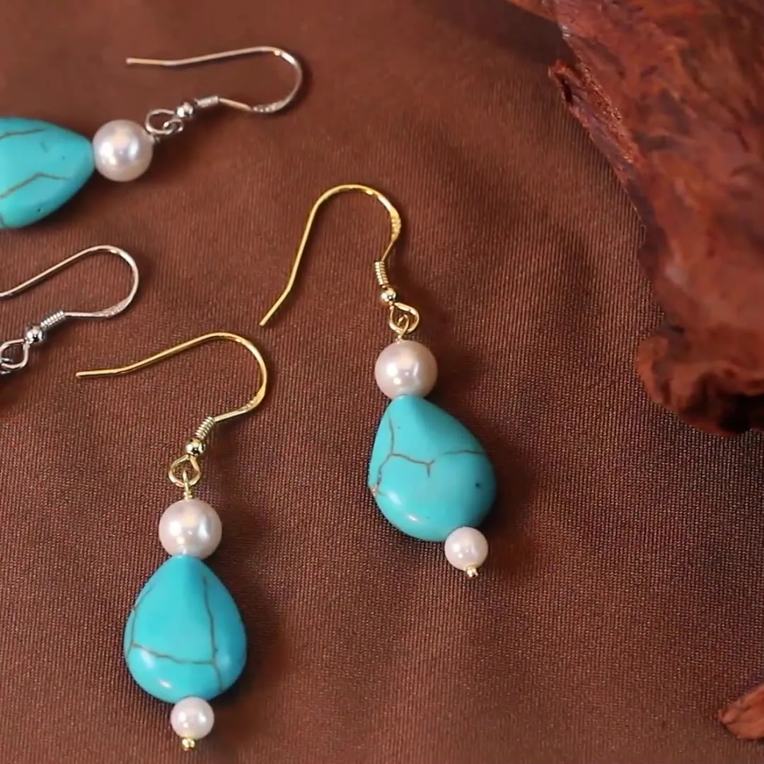 S925 Vintage Waterdrop Turquoise Pearl Dangle 50100031 - image2