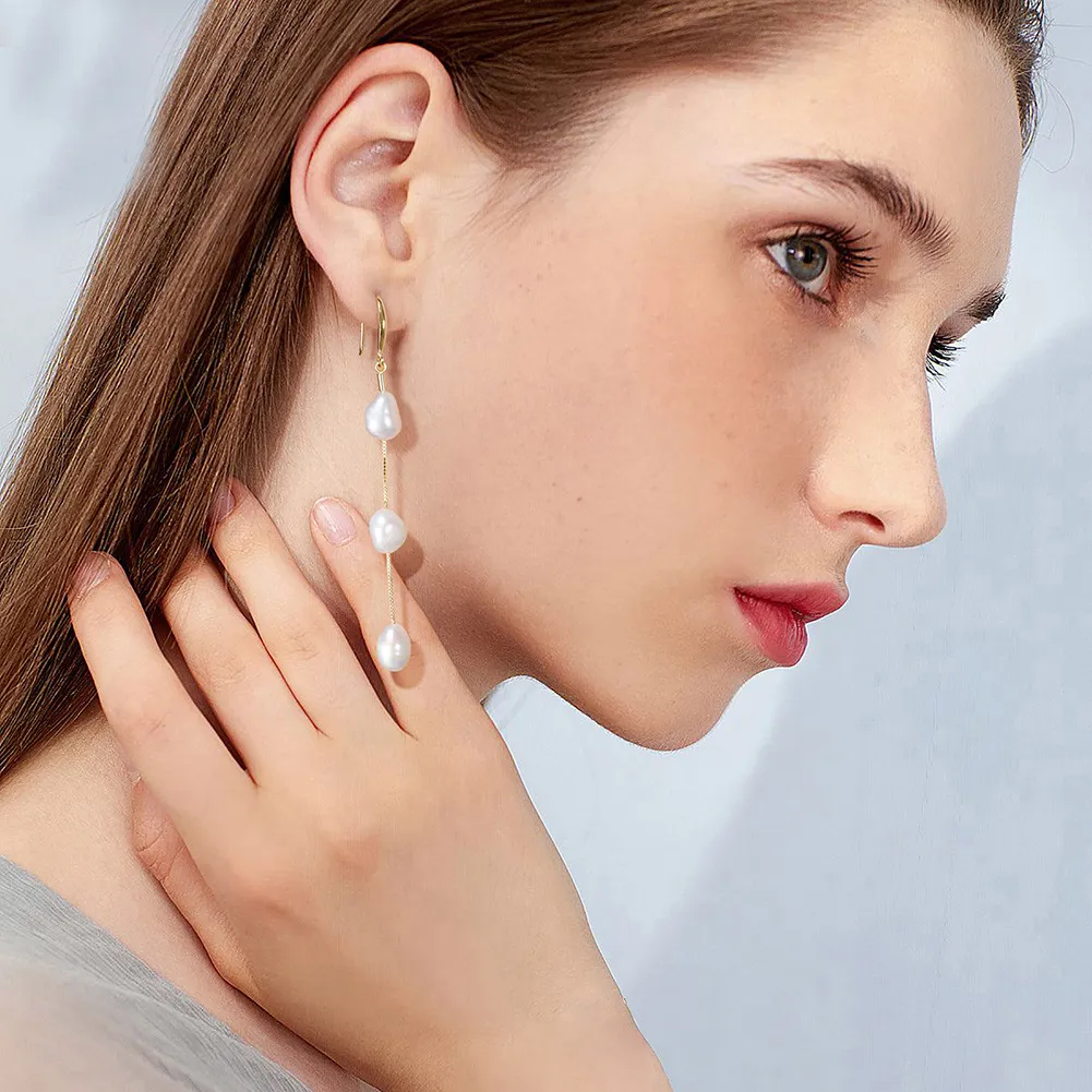 925 Sterling Silver Fresh Water Pearl Dangle Tassel Earring 50100033 - image1
