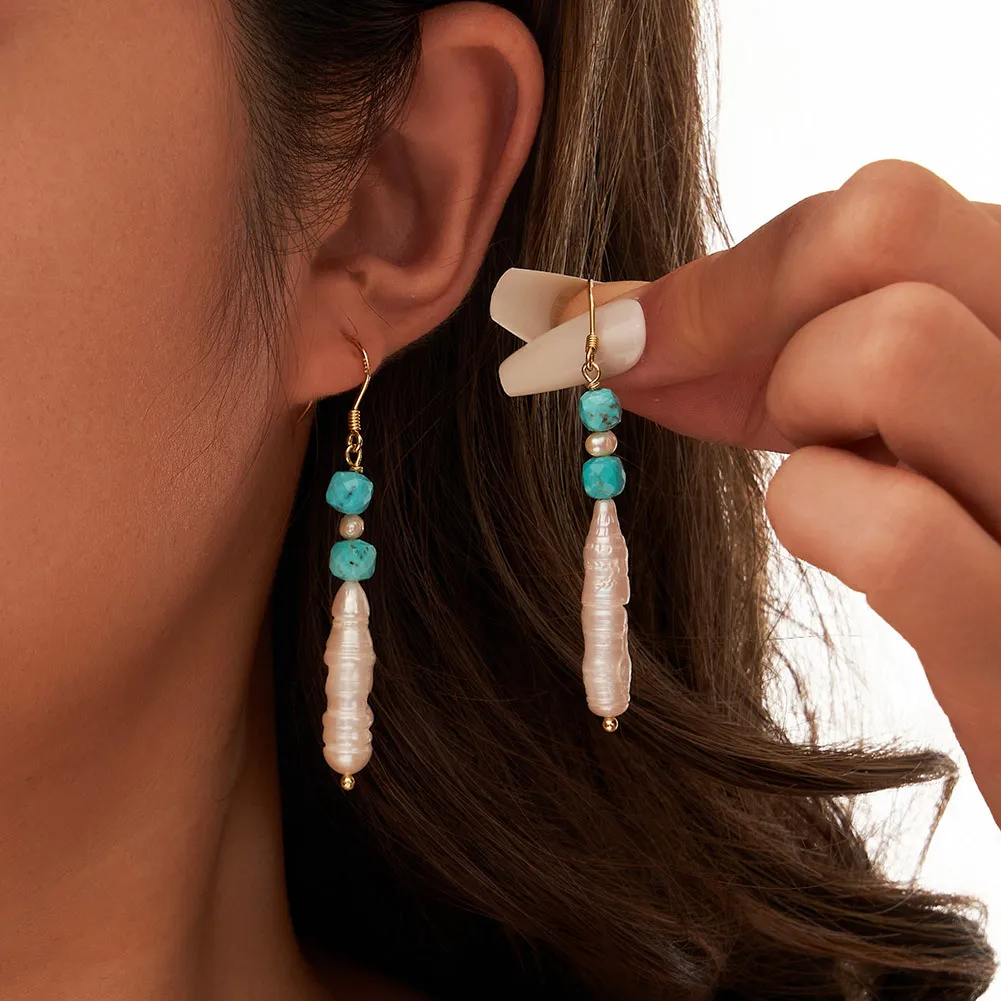 S925 Bohemia Turquoise Fresh Water Pearl Dangle Earring 50100034 - image1