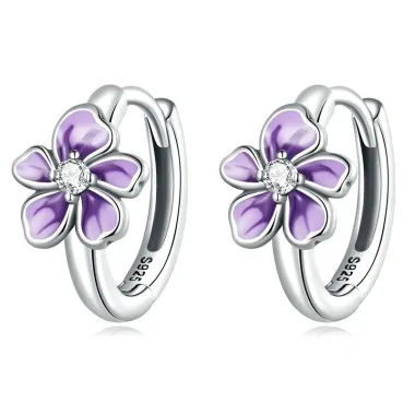 Violet Enamel Flower Zirconia Hoop Earrings 60200076