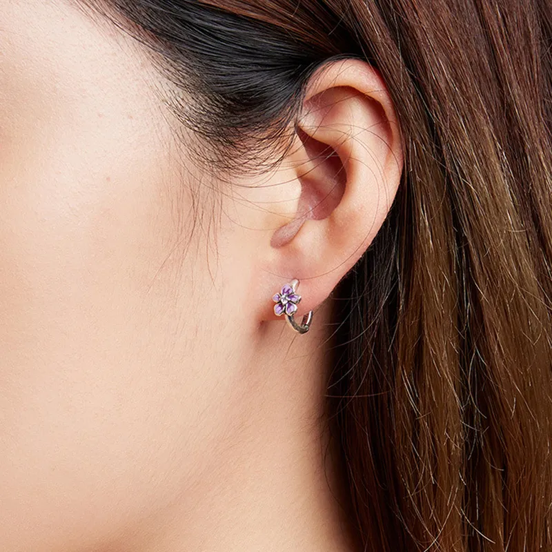 Violet Enamel Flower Zirconia Hoop Earrings 60200076 - image2