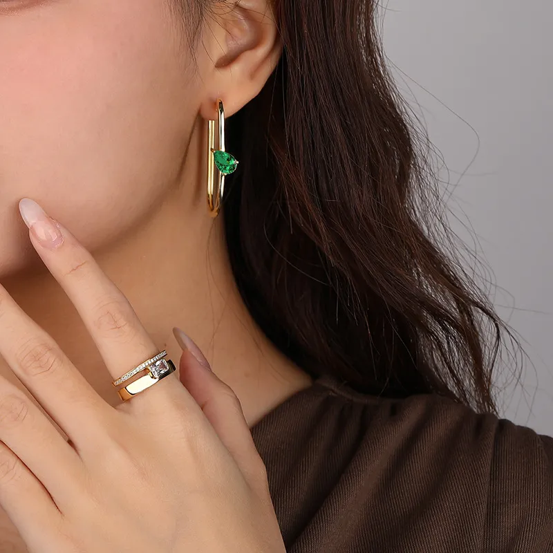 Asymmetric Green Zirconia Hoop Earring 60200139 - image1