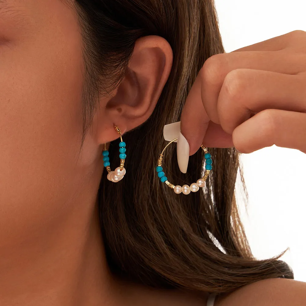 S925 Vintage Turquoise Pearl Hoop Earring 60200222 - image1