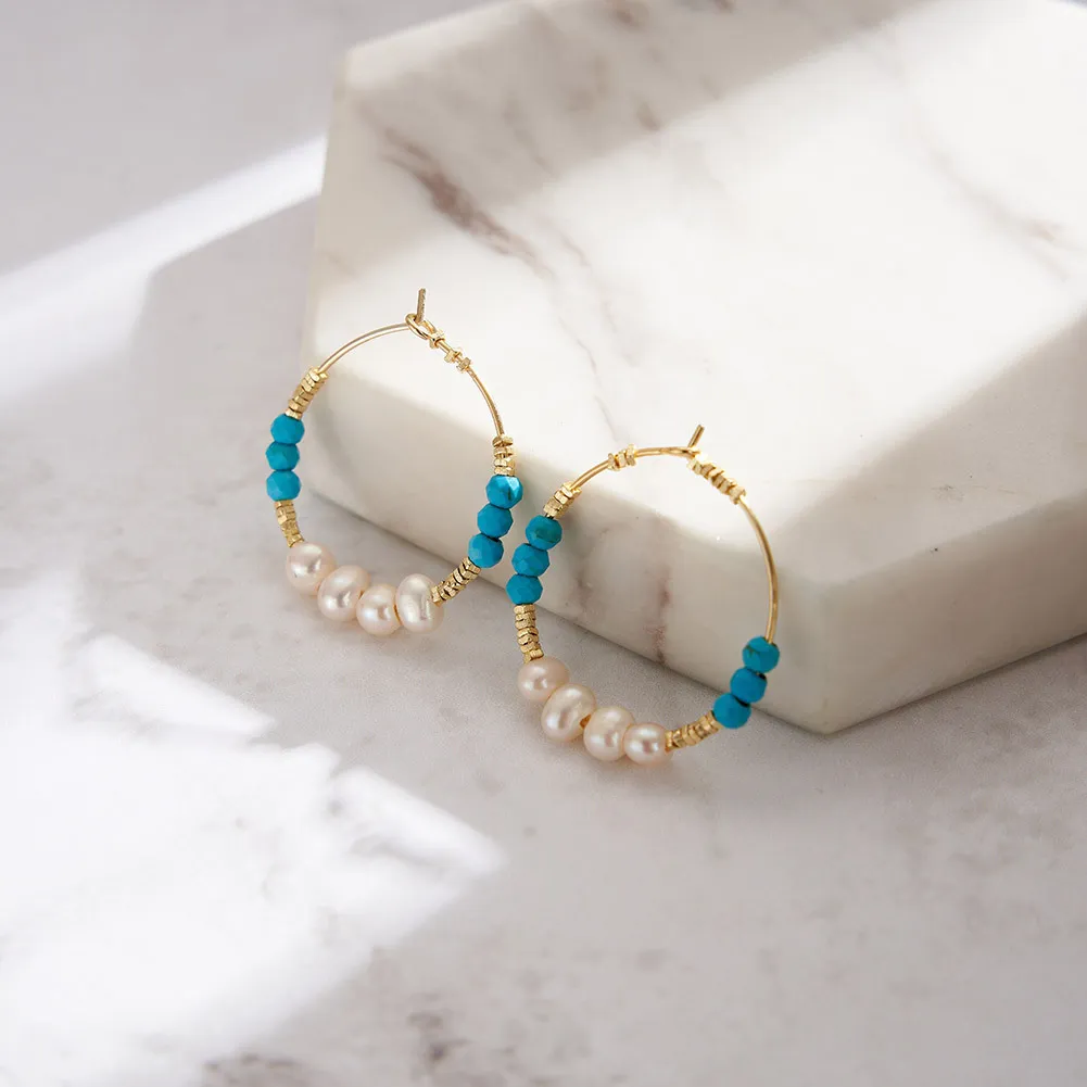 S925 Vintage Turquoise Pearl Hoop Earring 60200222 - image2