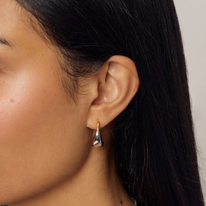 925 Sterling Silver Geometric Two-Tone Huggie Hoop Earring 60200293