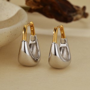 925 Sterling Silver Geometric Two-Tone Huggie Hoop Earring 60200293