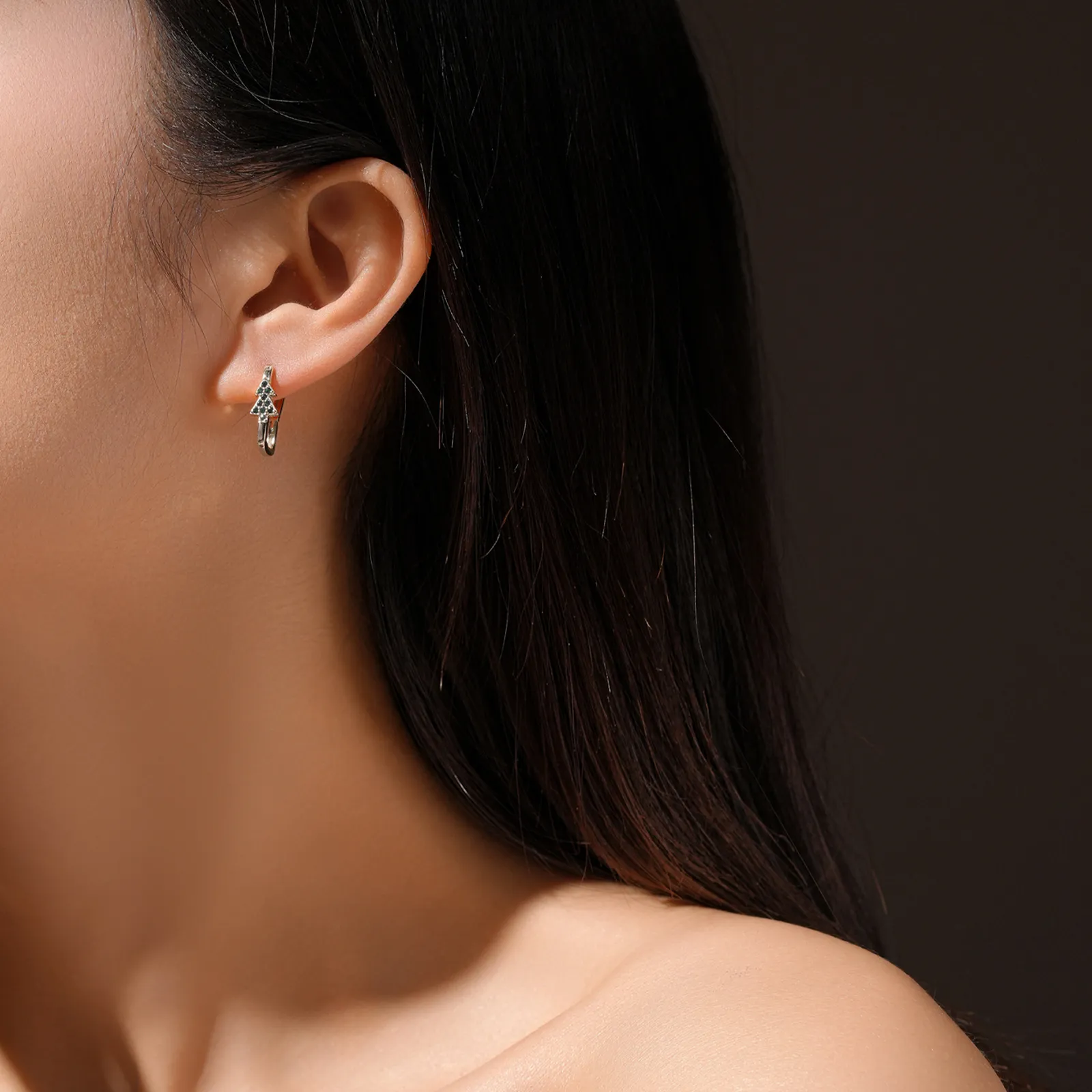 925 Sterling Silver Minimalist Christmas Tree Hoop Earring 60200308 - image1