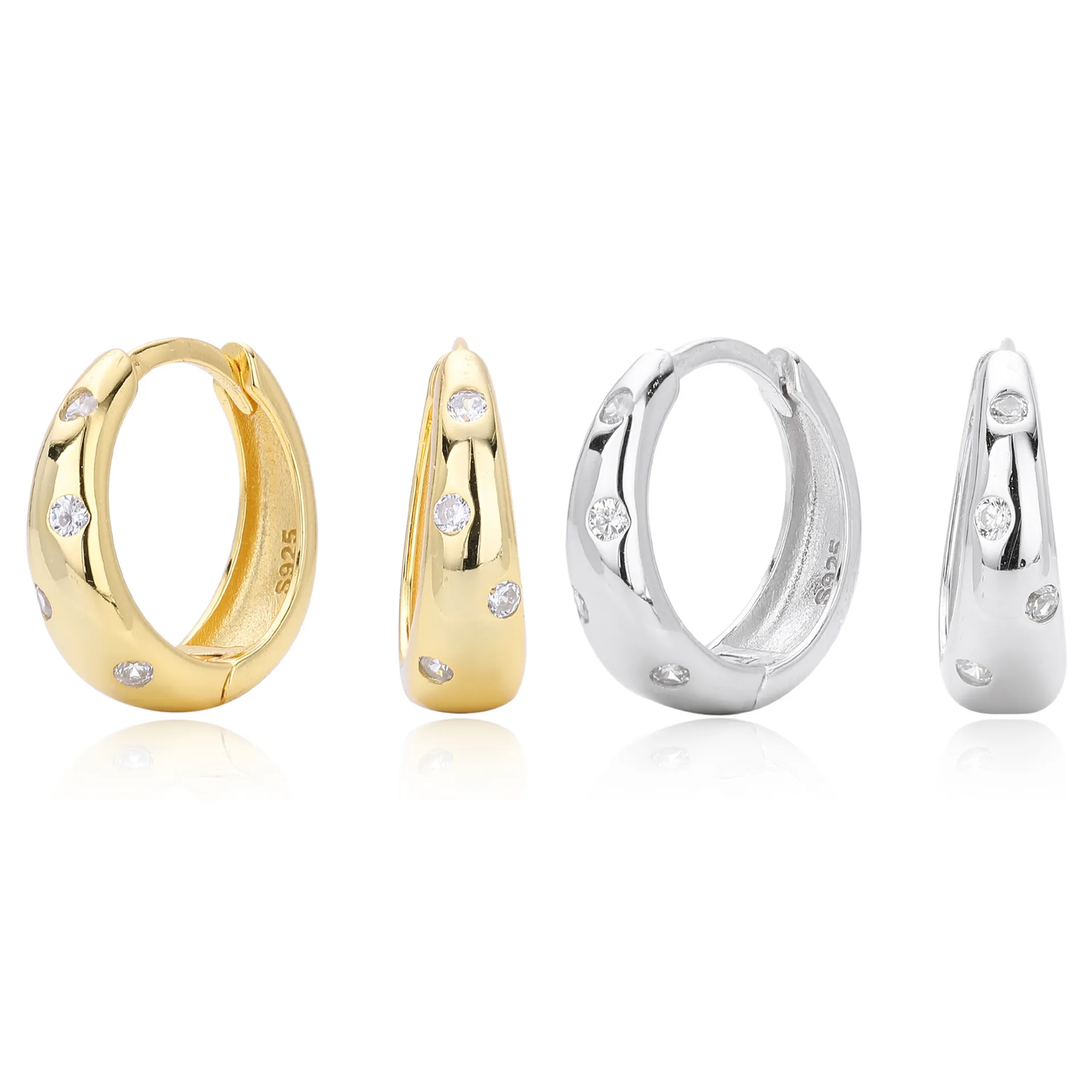 925 Sterling Silver Flush Set Tapered Hoop Earrings 60200312