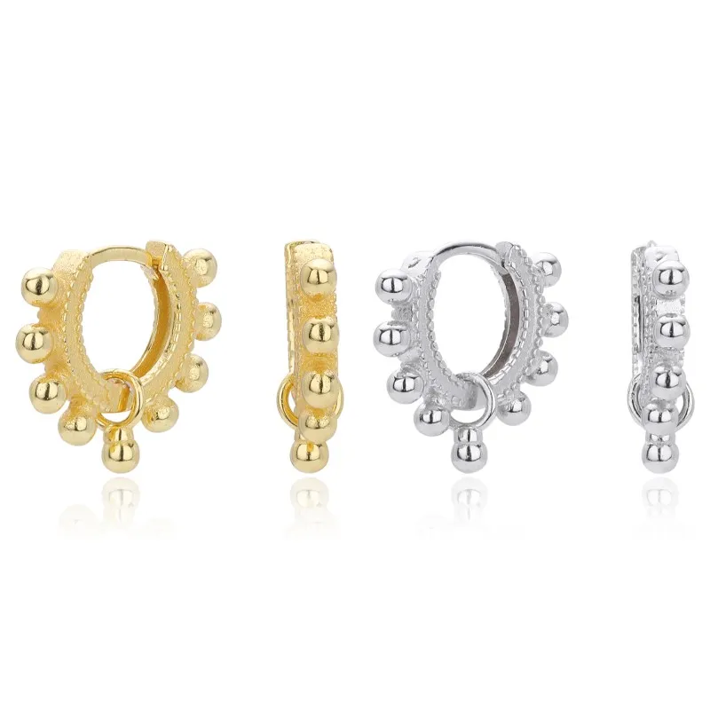 925 Sterling Silver Granulation Beaded Charm Hoop Earrings 60200317