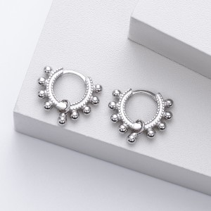 925 Sterling Silver Granulation Beaded Charm Hoop Earrings 60200317