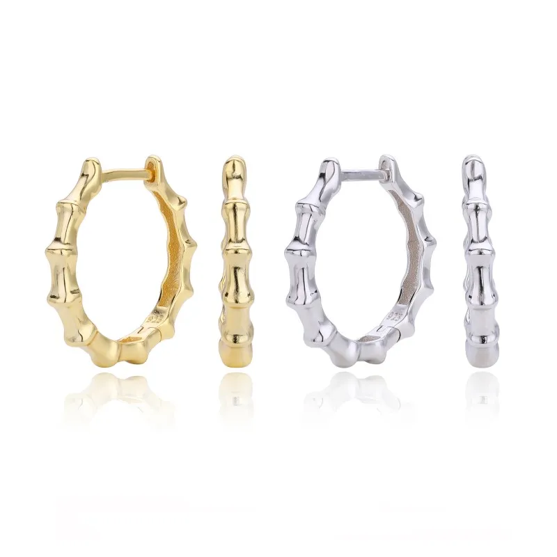 925 Sterling Silver Polished Bamboo Texture Hoop Earrings 60200318