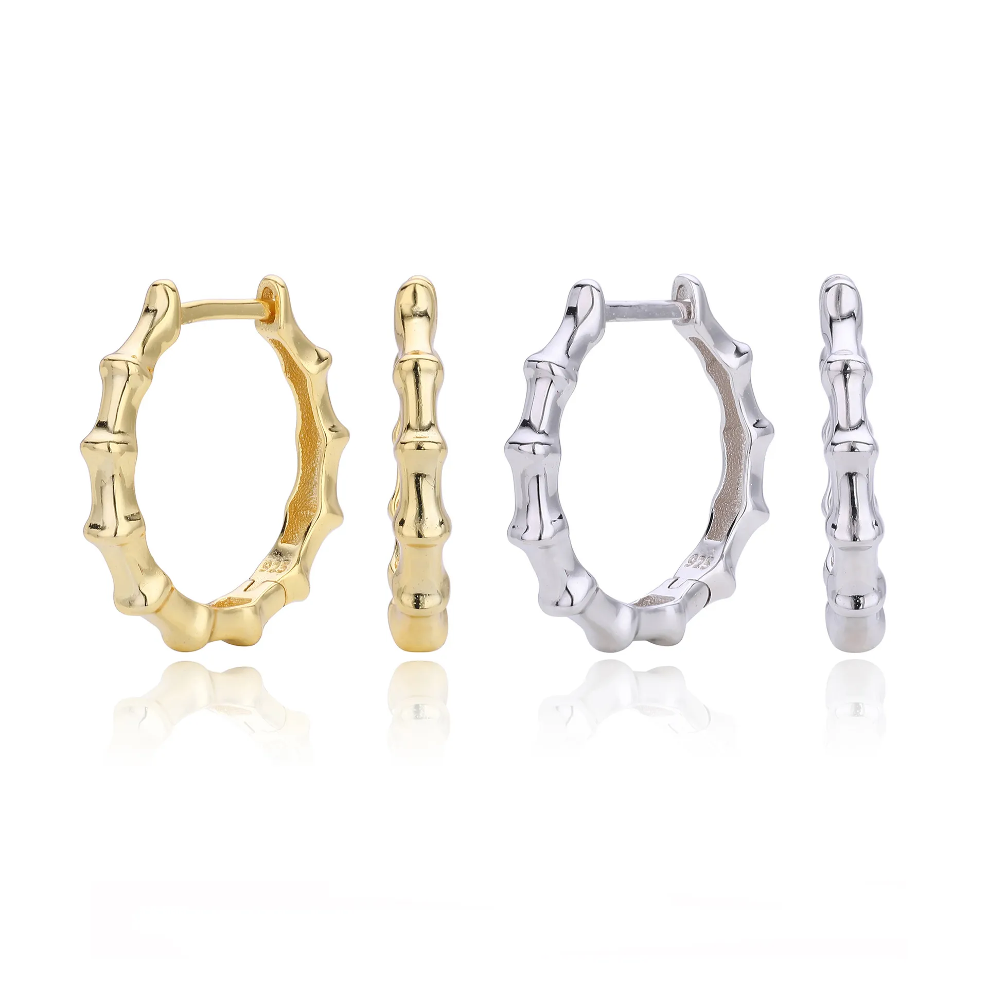 925 Sterling Silver Polished Bamboo Texture Hoop Earrings 60200318