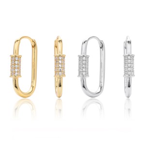 925 Sterling Silver Pave Accent Carabiner Hoop Earrings 60200321