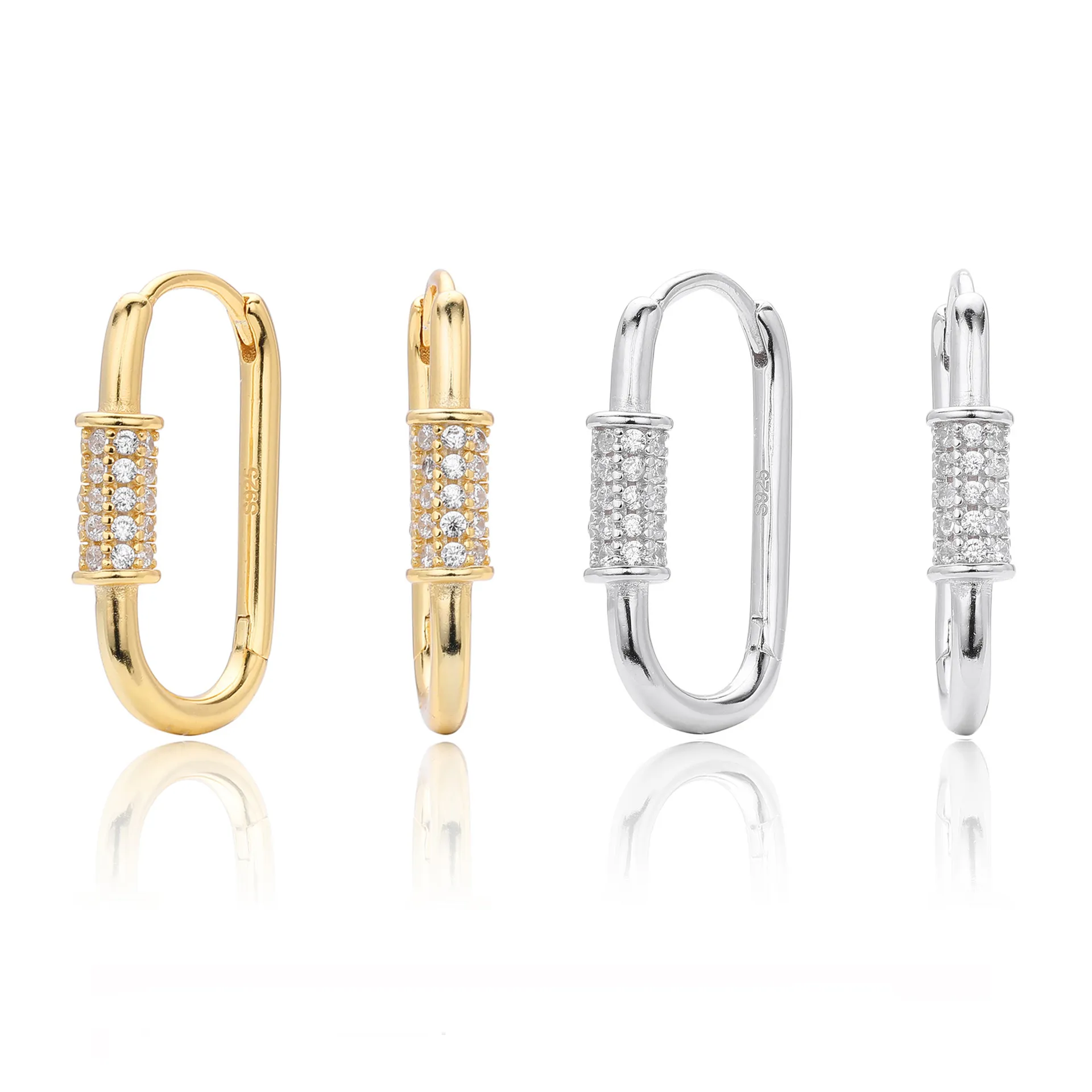 925 Sterling Silver Pave Accent Carabiner Hoop Earrings 60200321