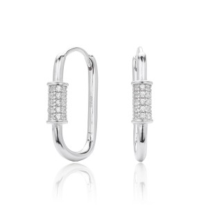 925 Sterling Silver Pave Accent Carabiner Hoop Earrings 60200321