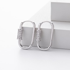 925 Sterling Silver Pave Accent Carabiner Hoop Earrings 60200321