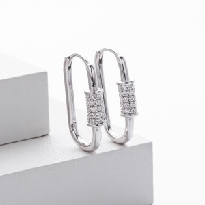 925 Sterling Silver Pave Accent Carabiner Hoop Earrings 60200321