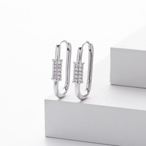 925 Sterling Silver Pave Accent Carabiner Hoop Earrings 60200321