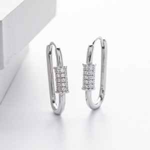 925 Sterling Silver Pave Accent Carabiner Hoop Earrings 60200321
