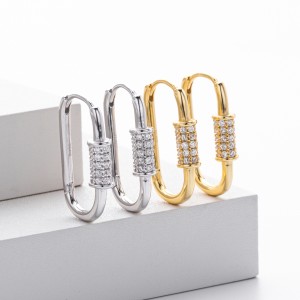 925 Sterling Silver Pave Accent Carabiner Hoop Earrings 60200321