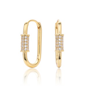925 Sterling Silver Pave Accent Carabiner Hoop Earrings 60200321