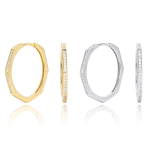925 Sterling Silver Pave Polygonal Hoop Earrings 60200323