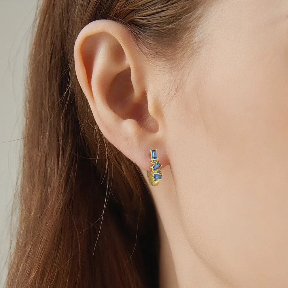 925 Sterling Silver Geometric Baguette Blue Spinel Huggie Earrings 60200335 - image1