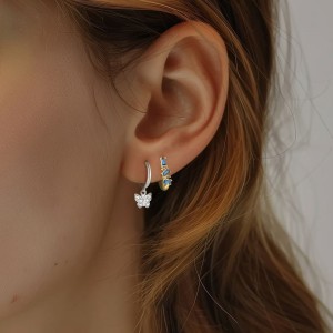 925 Sterling Silver Geometric Baguette Blue Spinel Huggie Earrings 60200335