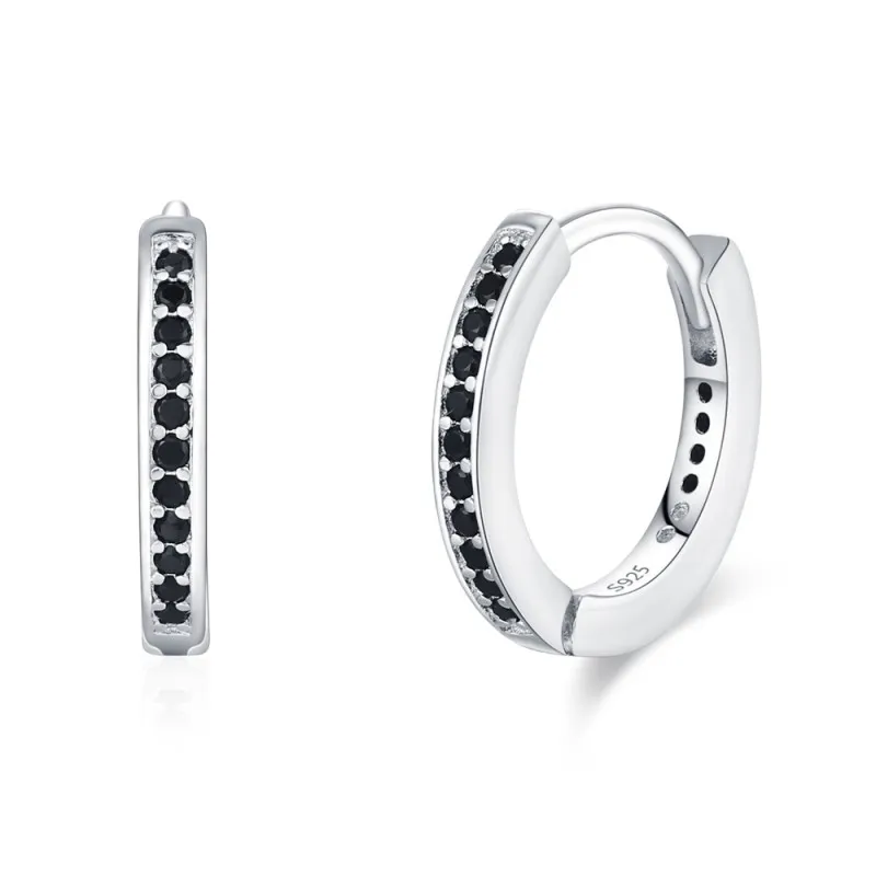 925 Sterling Silver Minimalist Black CZ Hoop Earring 60200339