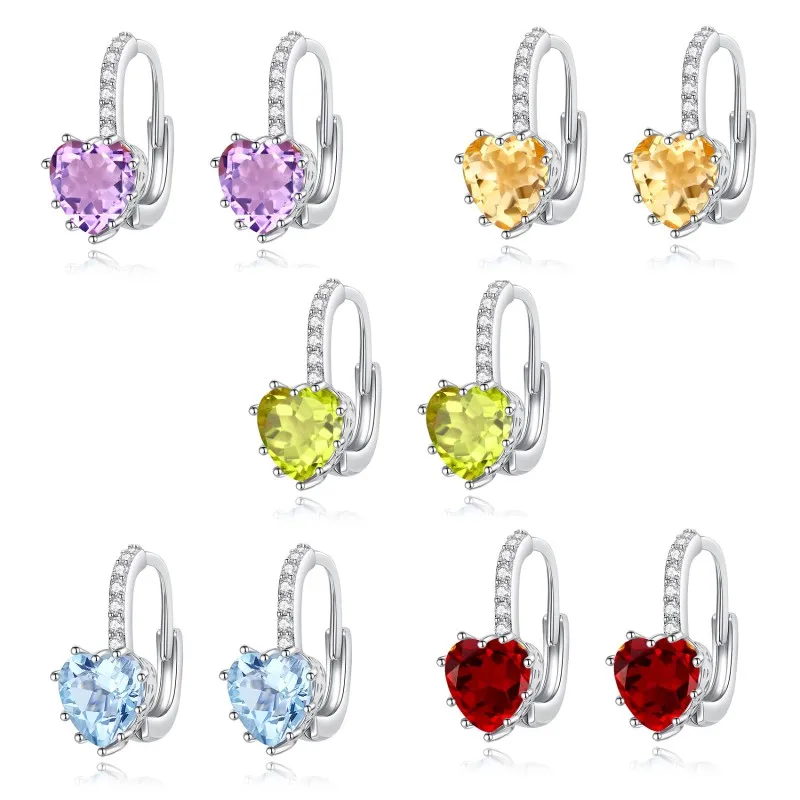 925 Sterling Silver Heart-Shaped Natural Gemstone Pave Hoop Earring 60200358