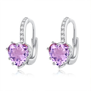 925 Sterling Silver Heart-Shaped Natural Gemstone Pave Hoop Earring 60200358
