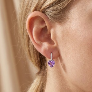 925 Sterling Silver Heart-Shaped Natural Gemstone Pave Hoop Earring 60200358