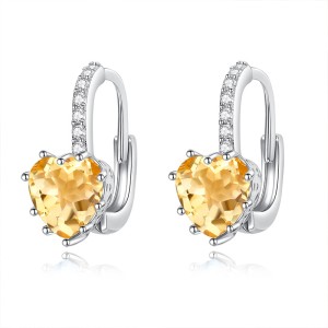 925 Sterling Silver Heart-Shaped Natural Gemstone Pave Hoop Earring 60200358