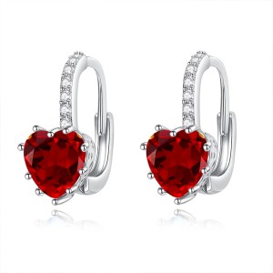 925 Sterling Silver Heart-Shaped Natural Gemstone Pave Hoop Earring 60200358