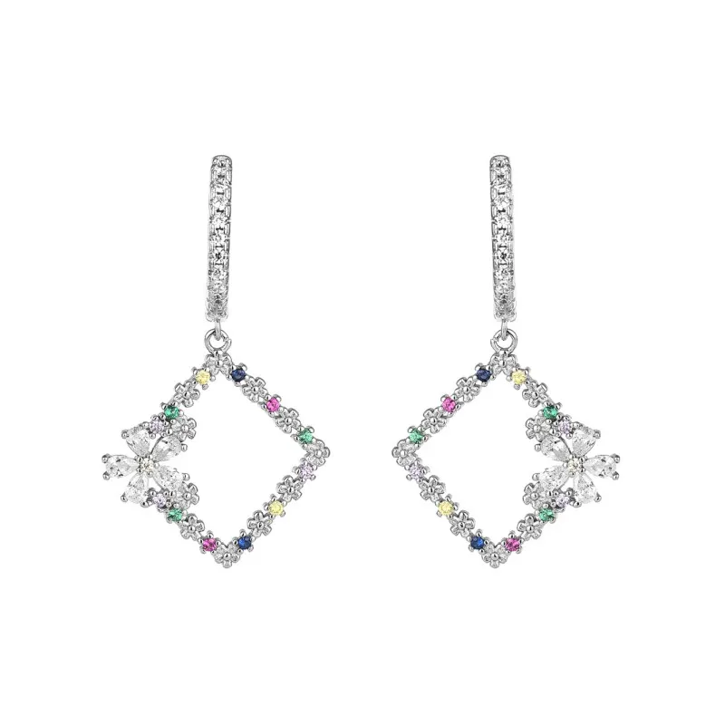 Colorful Cubic Zirconia Square Flower Hoop Earring 60300002
