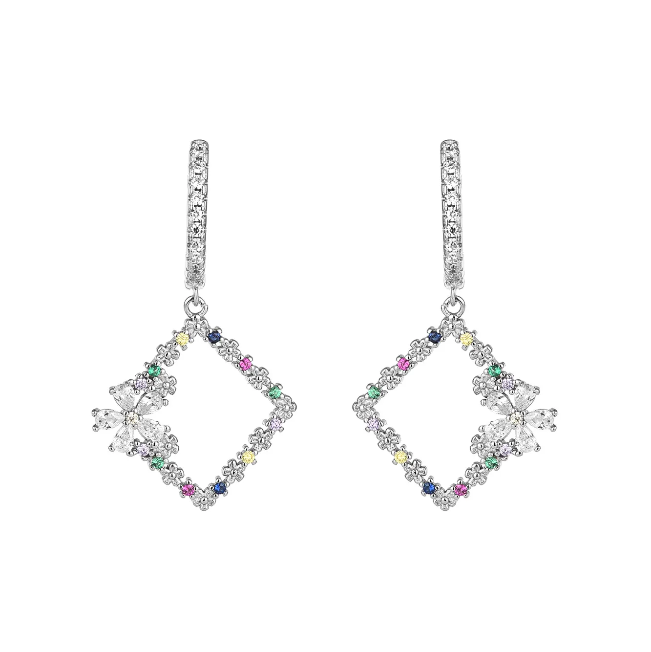 Colorful Cubic Zirconia Square Flower Hoop Earring 60300002