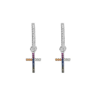 Silver Cubic Zirconia Cross Hoop Earring 60300011