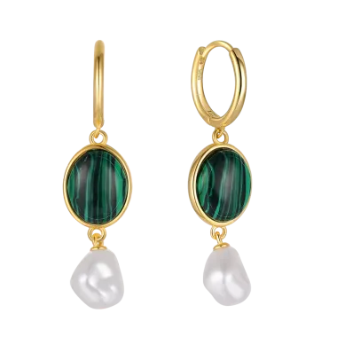 Silver Malachite Freshwater Pearl Hoop Earring 60300037