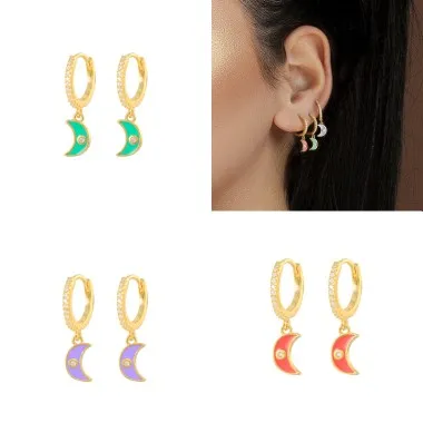 Enamel Moon Zirconia Sterling Silver Hoop Earring 60300052