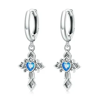 Vintage Cross Blue Zirconia Heart Hoop Earrings 60300090