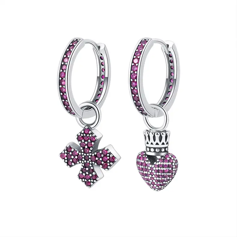 Vintage Zirconia Cross Heart Crown Hoop Earrings 60300094